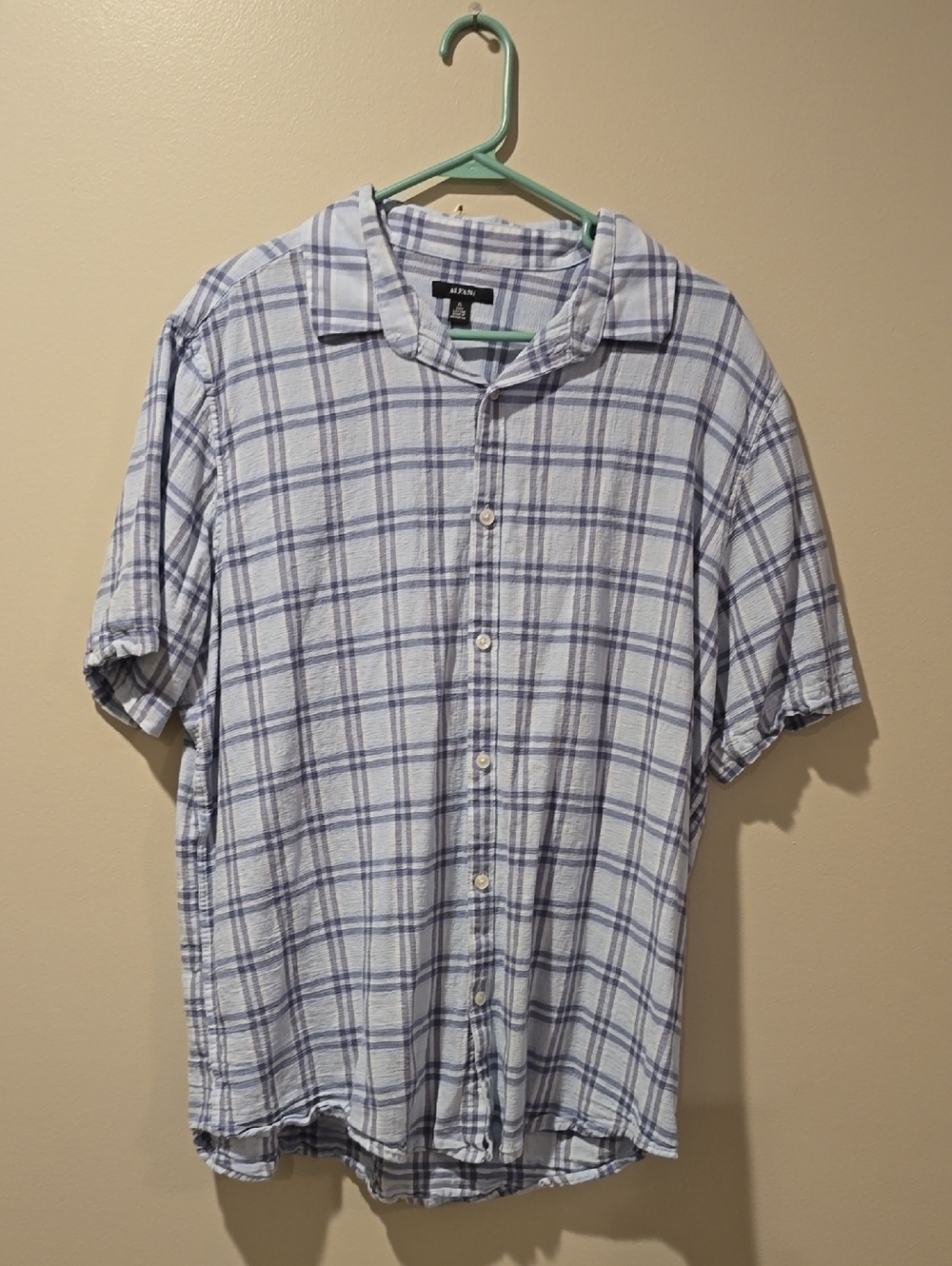 Alfani Blue and White Plaid Short-Sleeve Button-Down Shirt